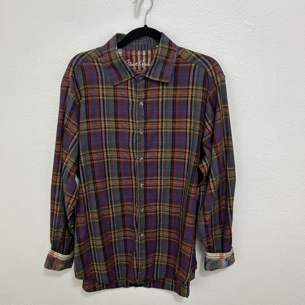 ROBERT GRAHAM Long Sleeve Button Up Shirt Purple Plaid Paisley  Flip Cuffs Sz XL